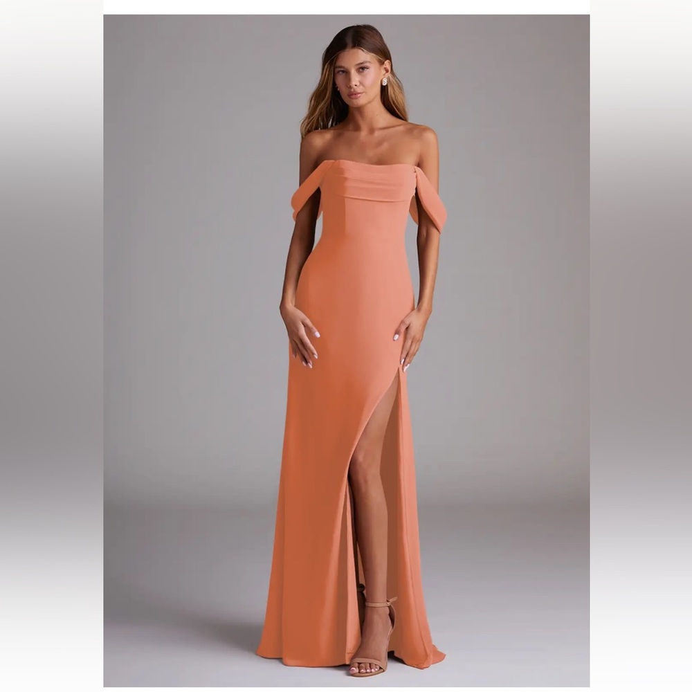 AZAZIE Off-Shoulder Coral Evening Gown with Thigh Slit